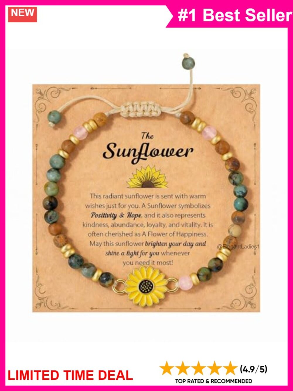 Sunflower Charm Bracelet Stainless Steel Natural Gemstone Adjustable